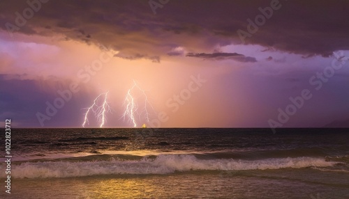 a calm sea under a light storm, with gentle waves and distant lightning illuminating the soft clouds in muted purples and grays.