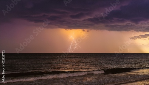 a calm sea under a light storm, with gentle waves and distant lightning illuminating the soft clouds in muted purples and grays.