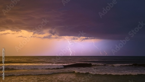 a calm sea under a light storm, with gentle waves and distant lightning illuminating the soft clouds in muted purples and grays.