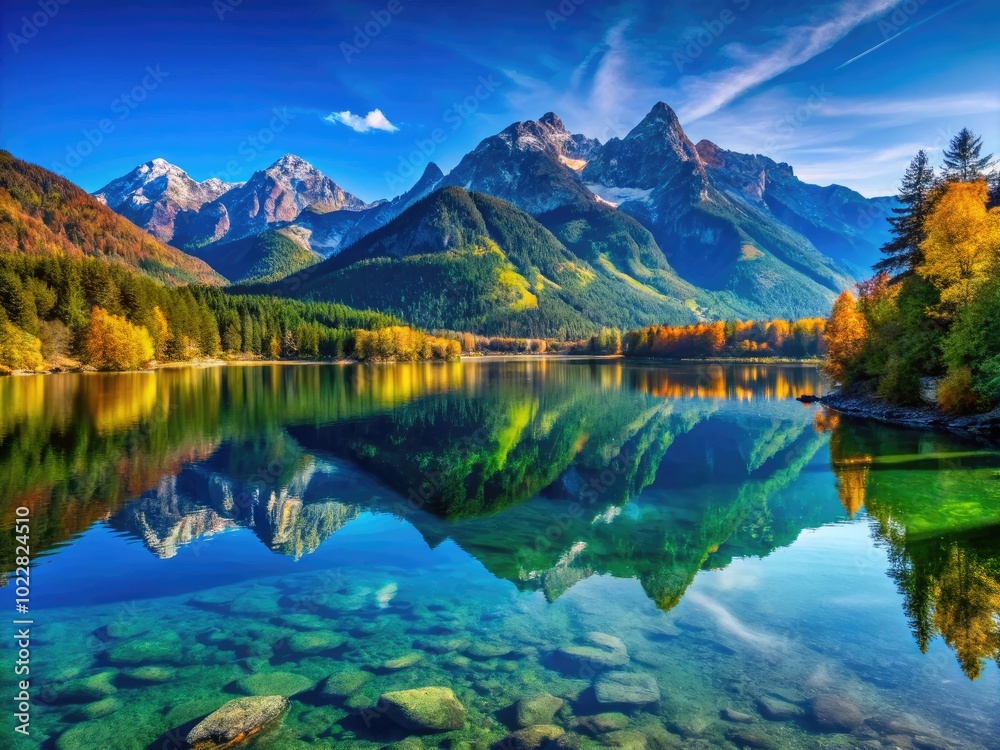Fototapeta premium Tranquil Landscape with Majestic Mountains Reflected in Calm Lake Under a Clear Blue Sky