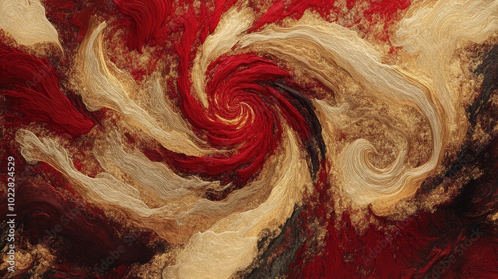 A surreal abstract composition featuring swirling patterns in red and gold resembling a textured painted canvas
