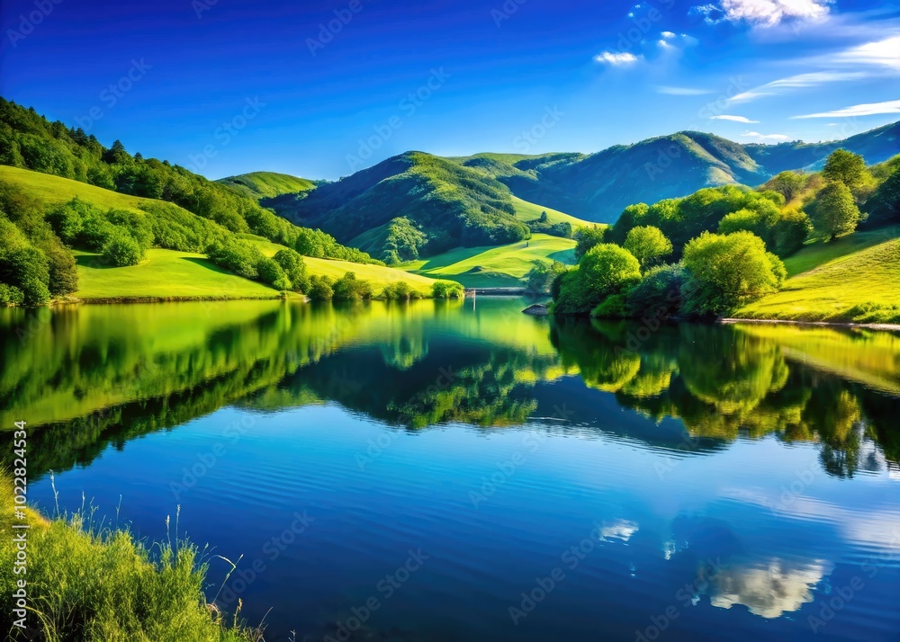 Tranquil landscape with lush green hills, tranquil lake, and clear blue sky reflecting natural beauty Tranquil landscape with lush green hills, tranquil lake, and clear blue sky reflecting natural beauty