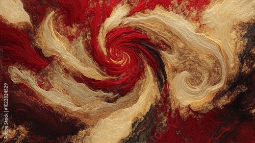 A surreal abstract composition featuring swirling patterns in red and gold resembling a textured painted canvas