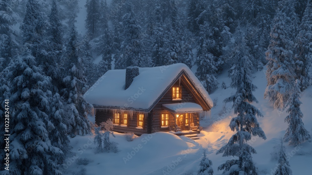 A cozy cabin glows in snowy woods. A cozy cabin glows in snowy woods.