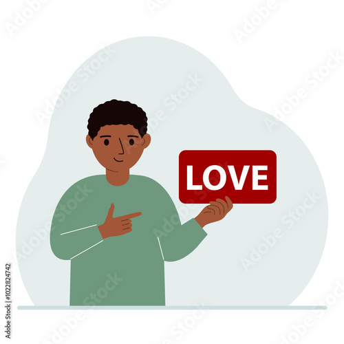 Little boy is holding a red banner with love text. The concept of valentine's day, holiday, psychological help. Vector flat illustration