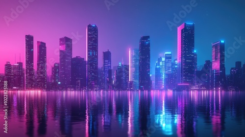 Neon city skyline reflected in water.