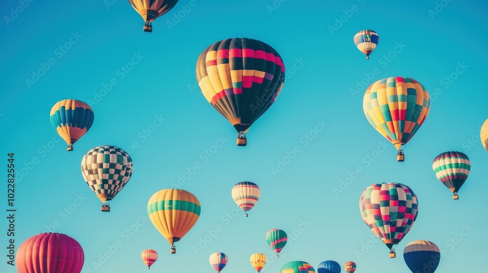 Fototapeta premium Colorful hot air balloons soar in a blue sky.