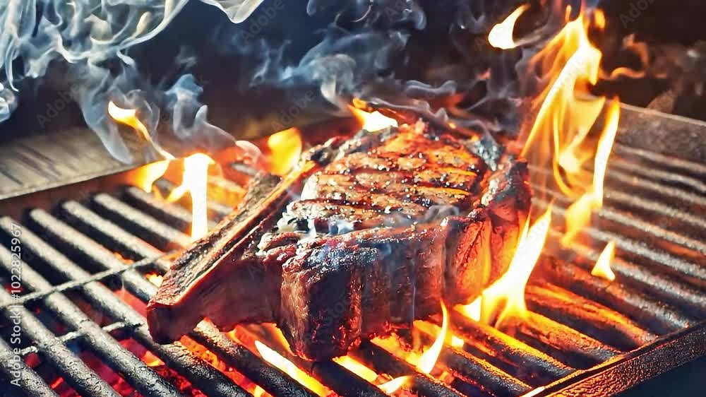 Steak Grilling Over Open Flame with Smoke on Barbecue Grill Steak Grilling Over Open Flame with Smoke on Barbecue Grill