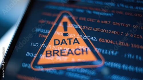 Data breach warning sign on digital background with code, cybersecurity concept.