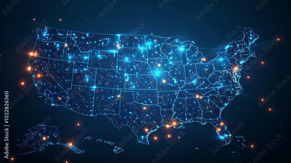 US Connectivity and Data Points Map High-Resolution Digital Illustration US Connectivity and Data Points Map High-Resolution Digital Illustration