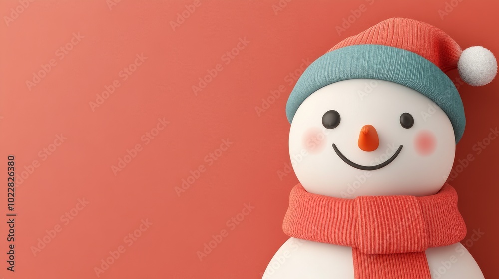 A snowman with a red scarf and a blue hat is smiling A snowman with a red scarf and a blue hat is smiling
