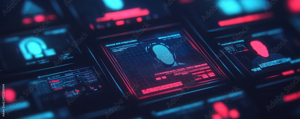 Obraz premium Futuristic interface with digital screens displaying data and profiles.