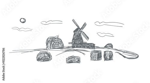 landscape with windmill and wheat field. Set of traditional windmill. Bakery shop, organic agricultural production, ecological food. Vector hand
