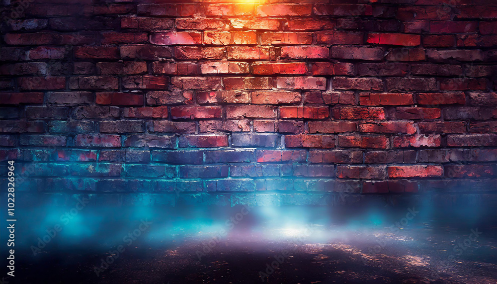Colorful neon-lit brick wall background with fog effects suitable for artistic displays and designs Colorful neon-lit brick wall background with fog effects suitable for artistic displays and designs