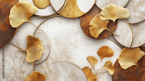 Fototapeta Naklejka Na Ścianę i Meble -  3D mural wallpaper featuring geometric circles and marble shapes in gold white and brown accented with golden ginkgo leaves Ideal for modern bedroom wall and carpet decor