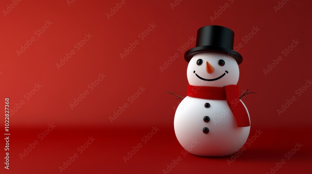 A snowman with a red scarf and a black hat is smiling A snowman with a red scarf and a black hat is smiling