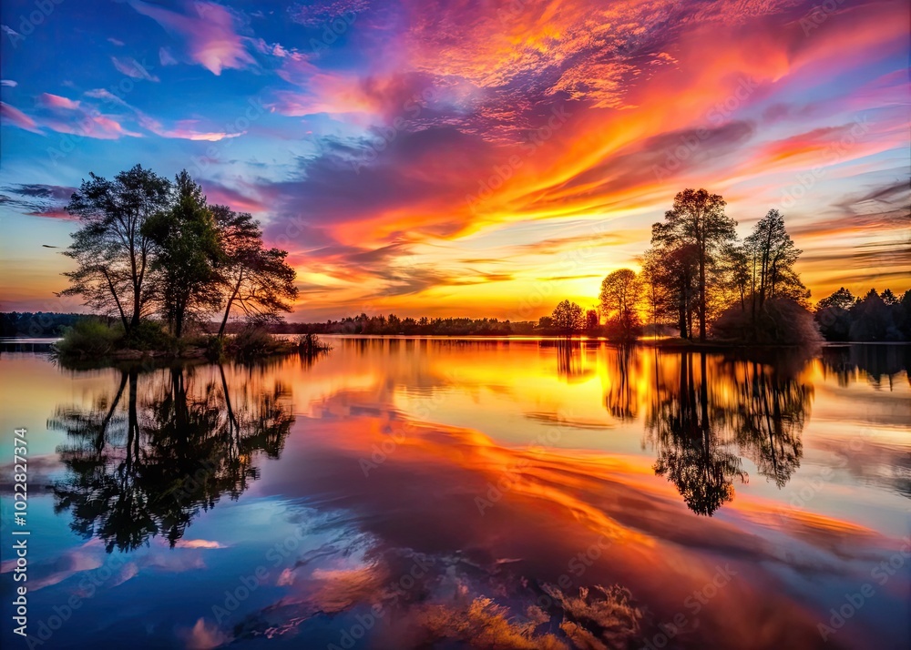 Tranquil Sunset Over a Serene Lake with Silhouetted Trees and Soft Reflections on the Water Tranquil Sunset Over a Serene Lake with Silhouetted Trees and Soft Reflections on the Water