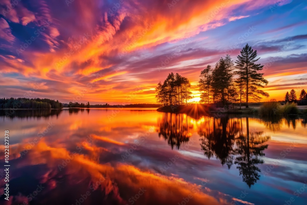 Tranquil sunset over a serene lake with silhouetted trees and vibrant orange and purple sky hues Tranquil sunset over a serene lake with silhouetted trees and vibrant orange and purple sky hues