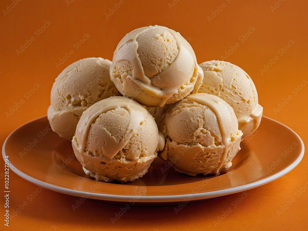 Banana ice cream balls in nice plate on orange background. Tropical dessert on bright orange surface Banana ice cream balls in nice plate on orange background. Tropical dessert on bright orange surface