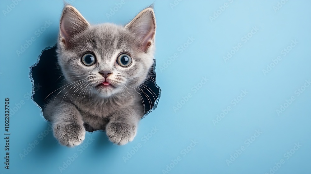 Funny gray kitten and smiling dogs with beautiful big eyes on trendy blue background Lovely fluffy cats puppy of pomeranian spitz and pug climbs out of hole in colored background : Generative AI Funny gray kitten and smiling dogs with beautiful big eyes on trendy blue background Lovely fluffy cats puppy of pomeranian spitz and pug climbs out of hole in colored background : Generative AI