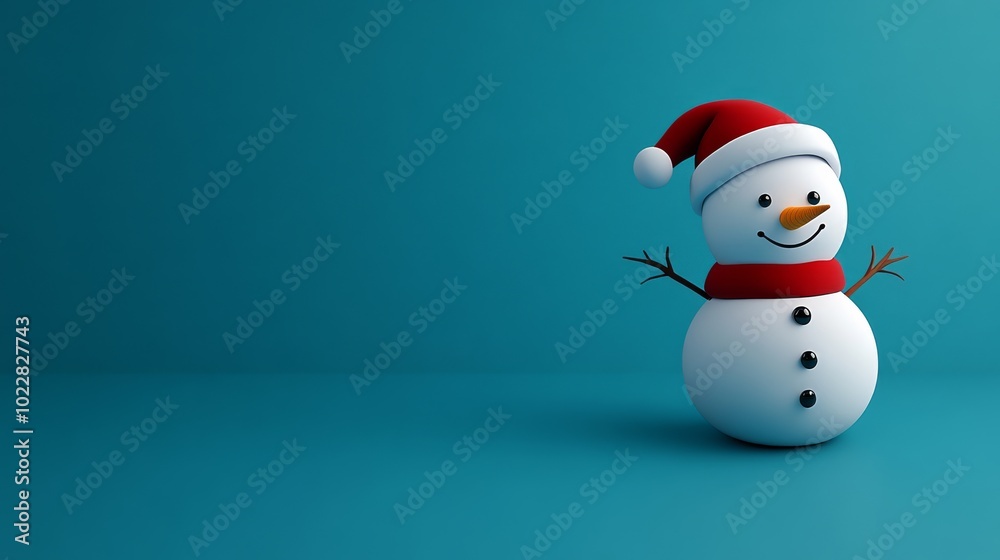A snowman with a red scarf and a santa hat stands on a blue background A snowman with a red scarf and a santa hat stands on a blue background