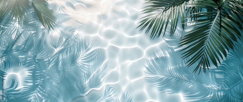 Top View of Palm Leaf Shadows on Light Blue Water Surface, Tropical Abstract Summer Background Banner for Beach or Pool Party Top View of Palm Leaf Shadows on Light Blue Water Surface, Tropical Abstract Summer Background Banner for Beach or Pool Party