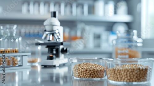 A lab bench with a microscope and various jars and beakers