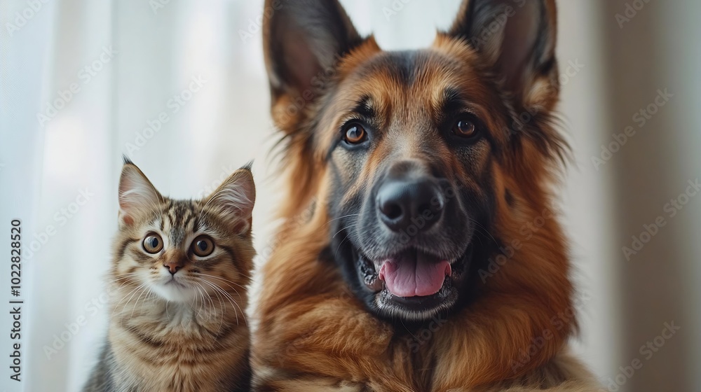 Cute German shepherd dog with cat and veterinarian on light background : Generative AI