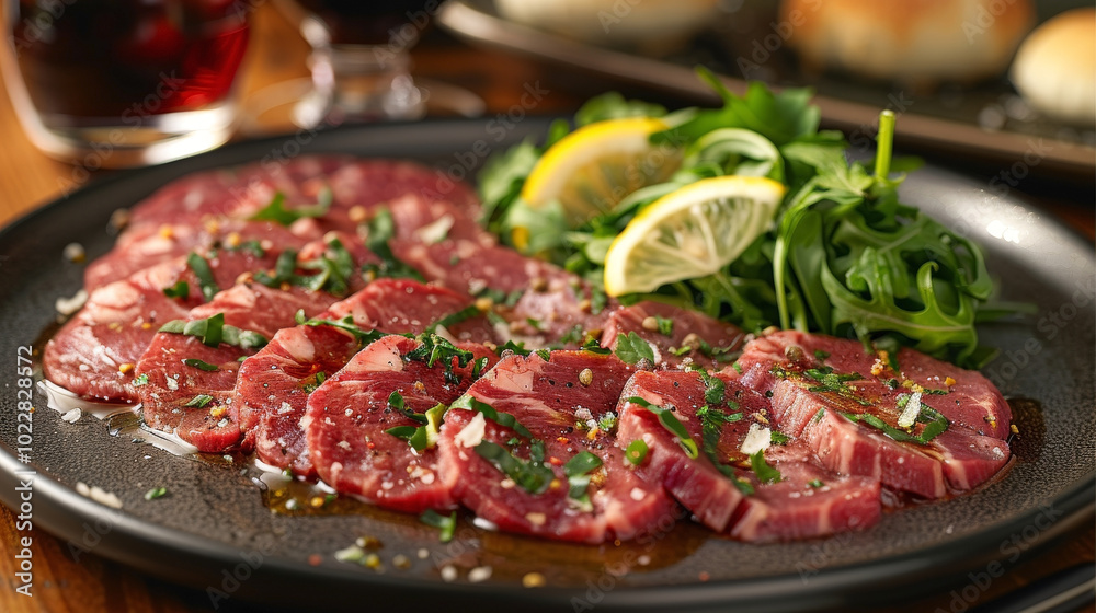 Chateaubriand Carpaccio on a stylish plate with thinly sliced beef, olive oil, lemon juice, capers, arugula, and Parmesan in an upscale setting with red wine Chateaubriand Carpaccio on a stylish plate with thinly sliced beef, olive oil, lemon juice, capers, arugula, and Parmesan in an upscale setting with red wine