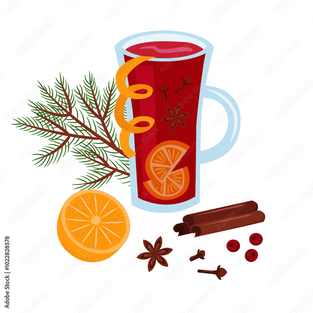 Fototapeta premium Glass with mulled wine vector illustration. Winter hot drink, orange, spices. Composition of cute design elements.