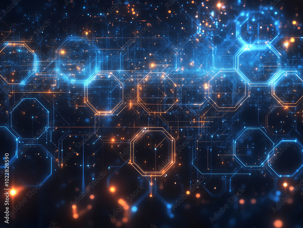 Obraz premium Abstract octagon background pattern with blue orange glowing lights.