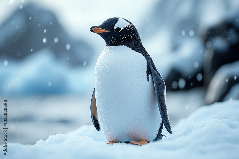 Obraz premium A penguin stands on the snowy ground and the snow is falling.