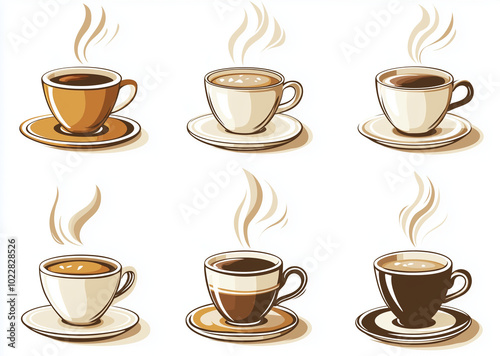 Vector illustration of coffee in white glass with hot steam, side view. photo