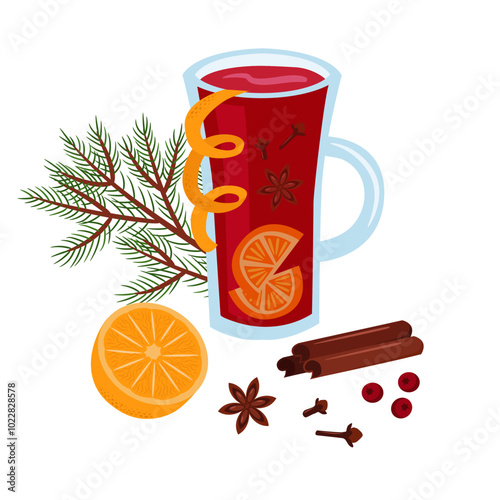 Glass with mulled wine vector illustration. Winter hot drink, orange, spices. Composition of cute design elements.