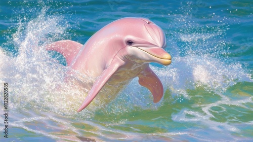 A pink dolphin joyfully breaking the surface of the ocean, creating splashes and ripples in the vibrant blue water. photo