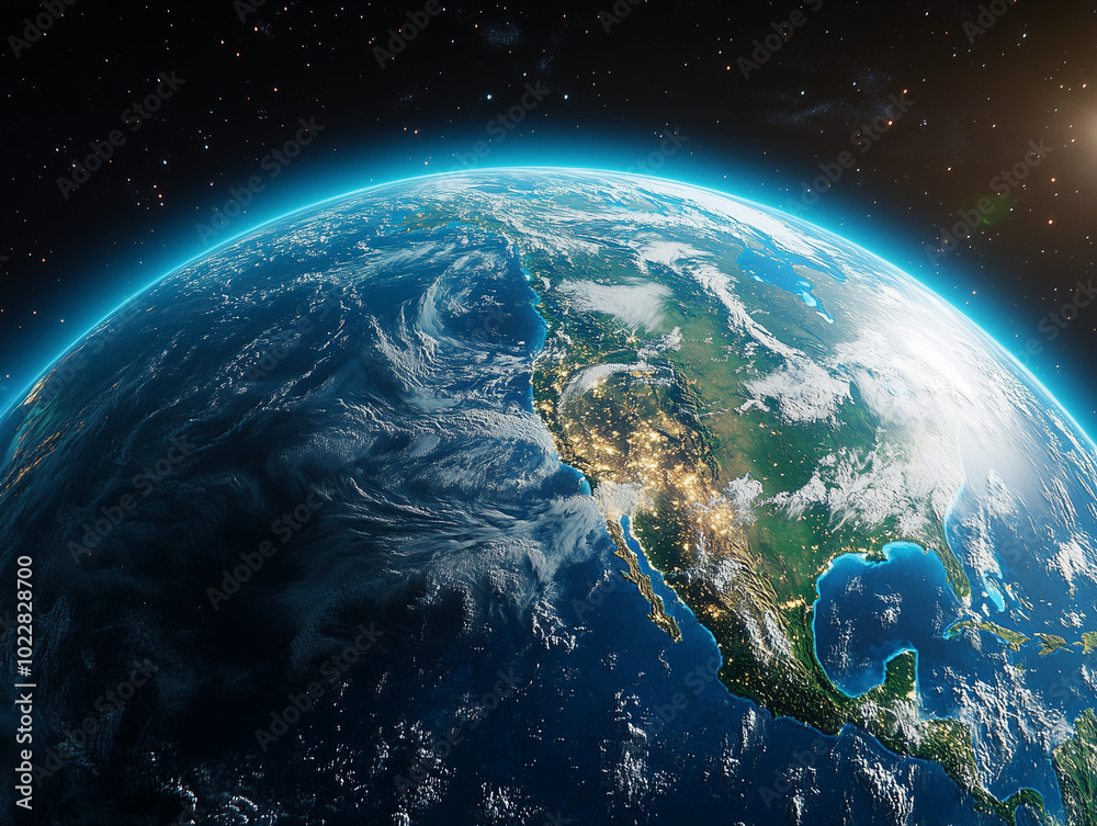 Obraz premium Close-up view of Earth from space, stars and Sunrise on the side.