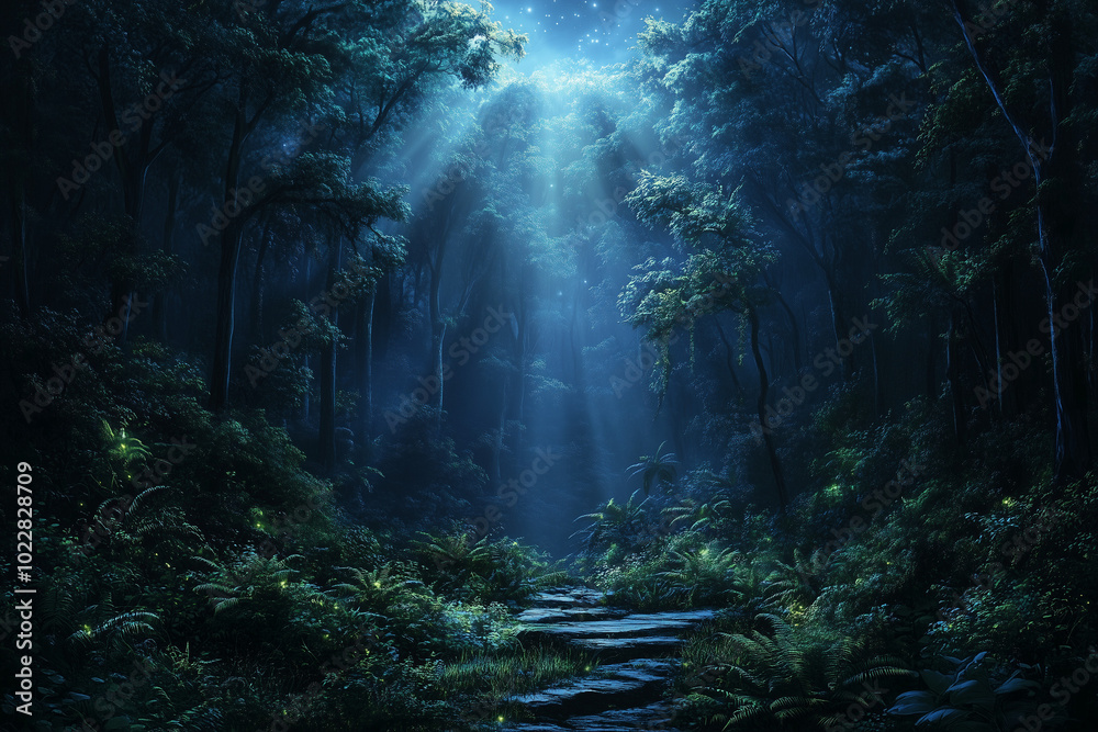 Deep forest scene with a path lit by moonlight. Starry sky with orange glow from fireflies. Deep forest scene with a path lit by moonlight. Starry sky with orange glow from fireflies.