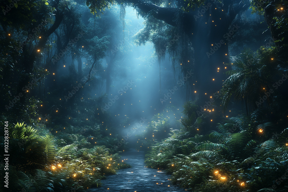 Deep forest scene with firefly lights, looks mysterious in the picture. Deep forest scene with firefly lights, looks mysterious in the picture.