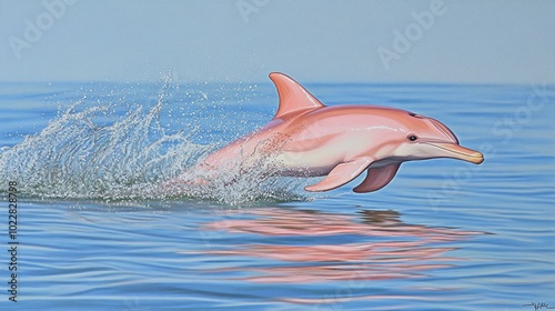 A pink dolphin joyfully breaking the surface of the ocean, creating splashes and ripples in the vibrant blue water. photo