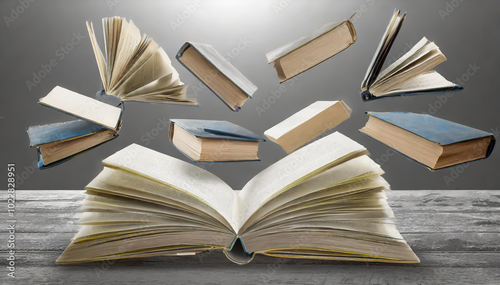 Fototapeta premium A collection of books floating above an open book on a wooden table with soft lighting in a cozy environment