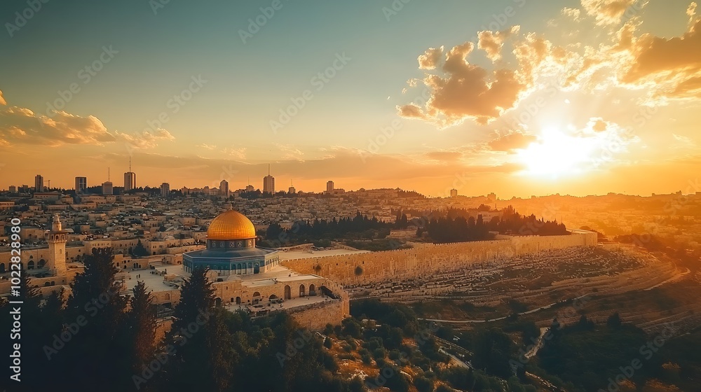 Obraz premium A panoramic view of Jerusalem's ancient cityscape, showcasing the dome on top and old walls with golden hues under a bright sky.