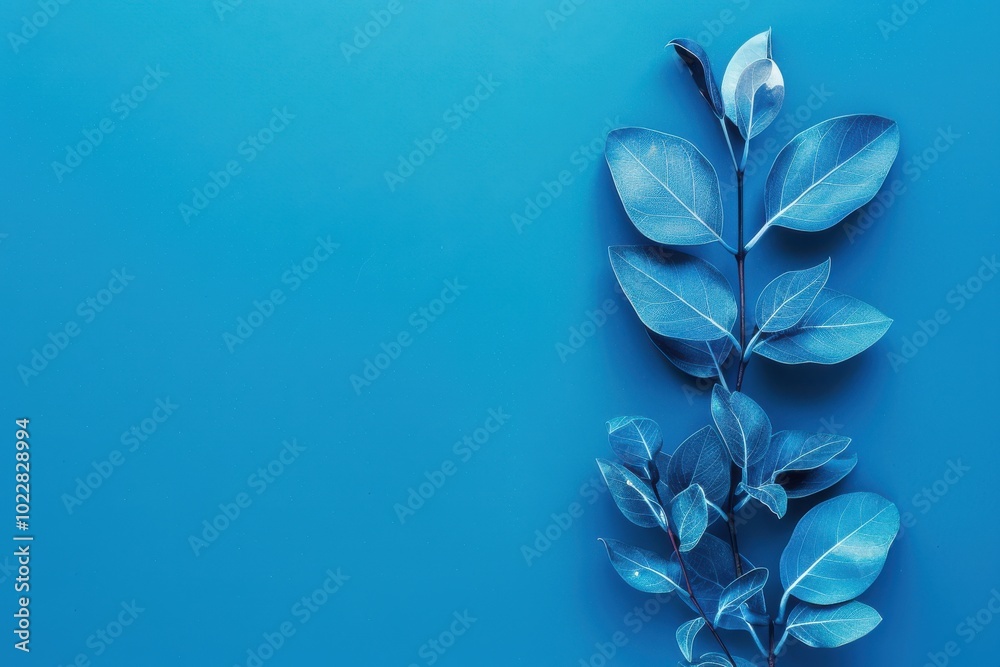 Blue foliage displayed artistically against a solid blue background in a minimalist arrangement Blue foliage displayed artistically against a solid blue background in a minimalist arrangement