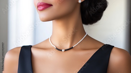 Elegant Pearl and Black Necklace on Model