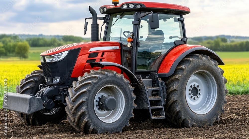 A powerful tractor tilling the soil in a golden field with a stunning sunset backdrop. The vibrant colors enhance the farming scene. A powerful tractor tilling the soil in a golden field with a stunning sunset backdrop. The vibrant colors enhance the farming scene.