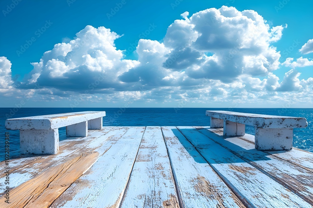Calm Ocean View from a Wooden Pier Under Blue Sky. Serene Ocean View from a Wooden Pier Under Clear Blue Sky Illustration Calm Ocean View from a Wooden Pier Under Blue Sky. Serene Ocean View from a Wooden Pier Under Clear Blue Sky Illustration