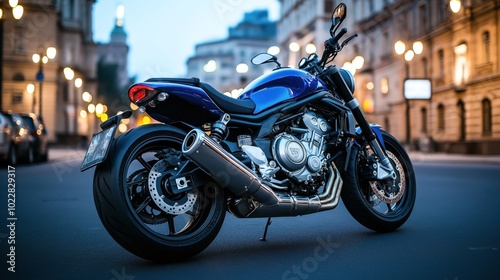 A modern blue sport motorcycle parked on an urban street during evening time, with buildings and streetlights in the background.