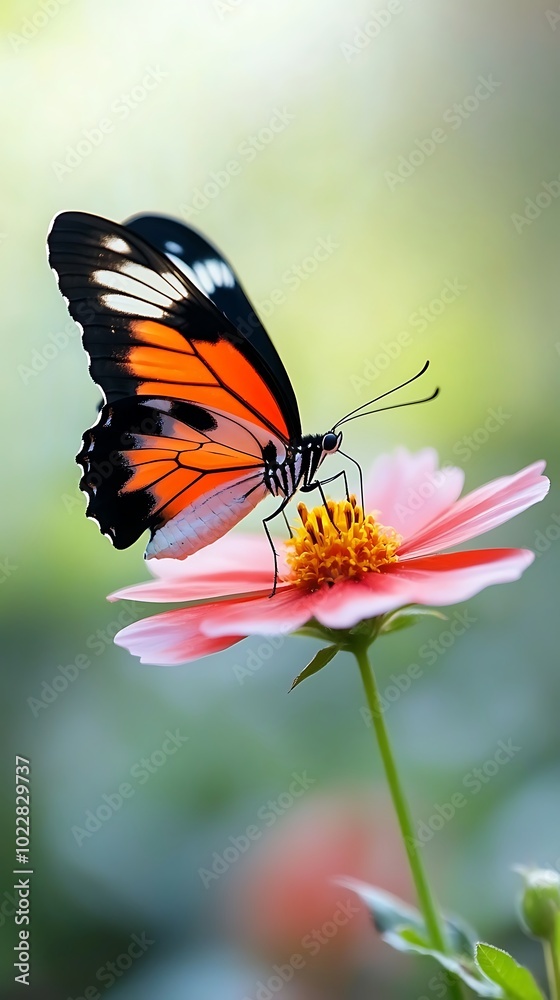 Naklejka premium A stunning butterfly perched on a vibrant flower in nature.