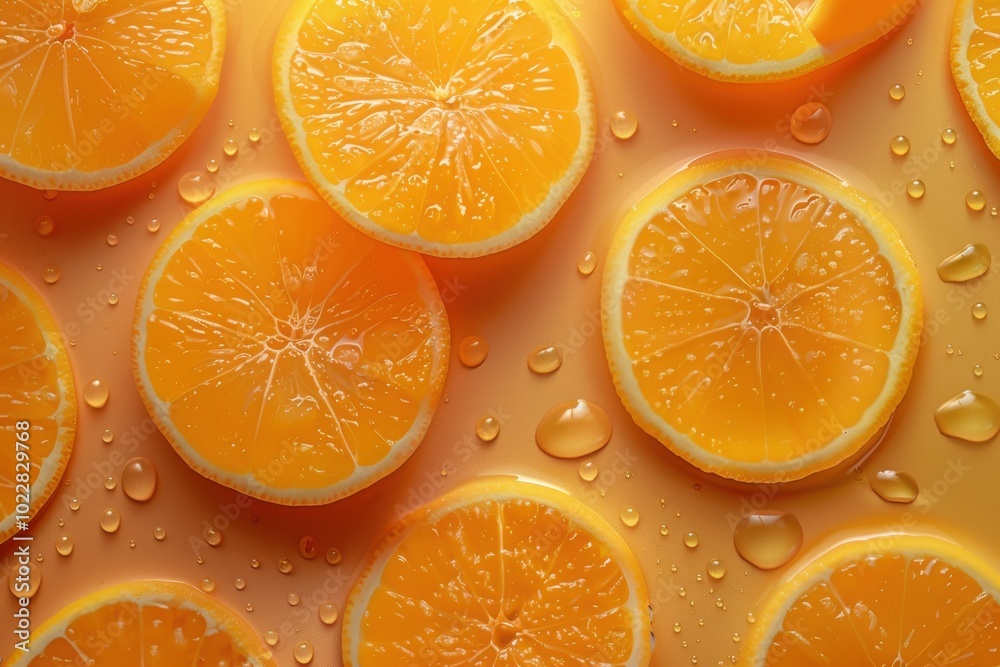Freshly sliced oranges with water droplets on a vibrant orange background Freshly sliced oranges with water droplets on a vibrant orange background