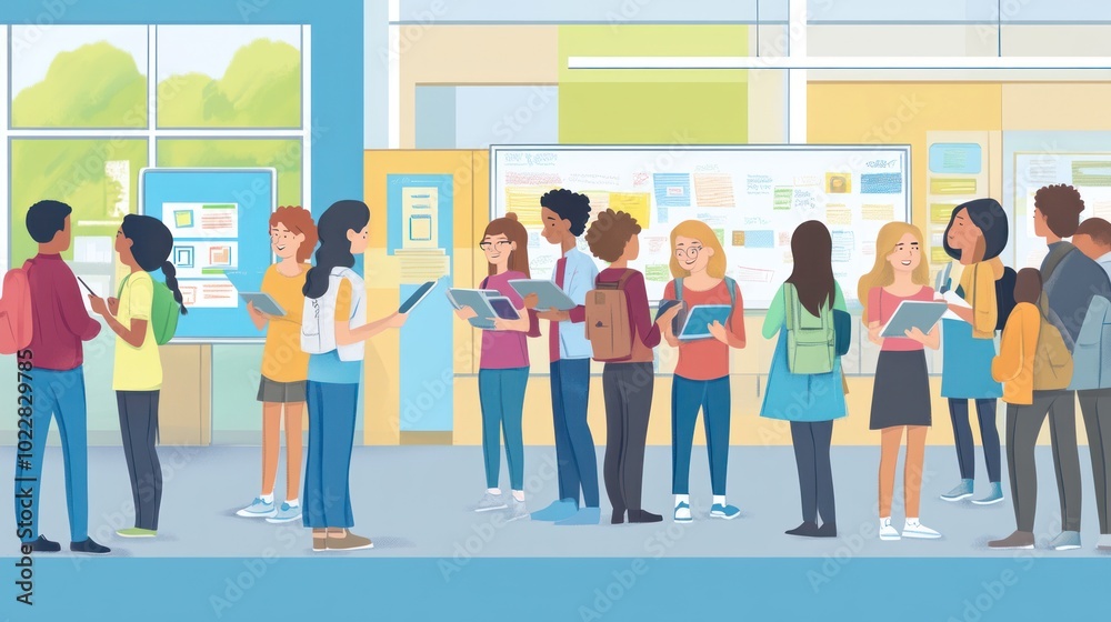 A vibrant classroom scene with students engaged in discussions and activities. A vibrant classroom scene with students engaged in discussions and activities.