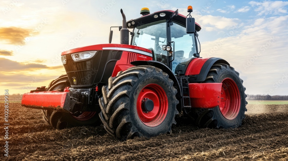 A rural landscape with a tractor plowing a field as the sun sets, casting a golden hue across the sky and soil. A vibrant farming scene. A rural landscape with a tractor plowing a field as the sun sets, casting a golden hue across the sky and soil. A vibrant farming scene.